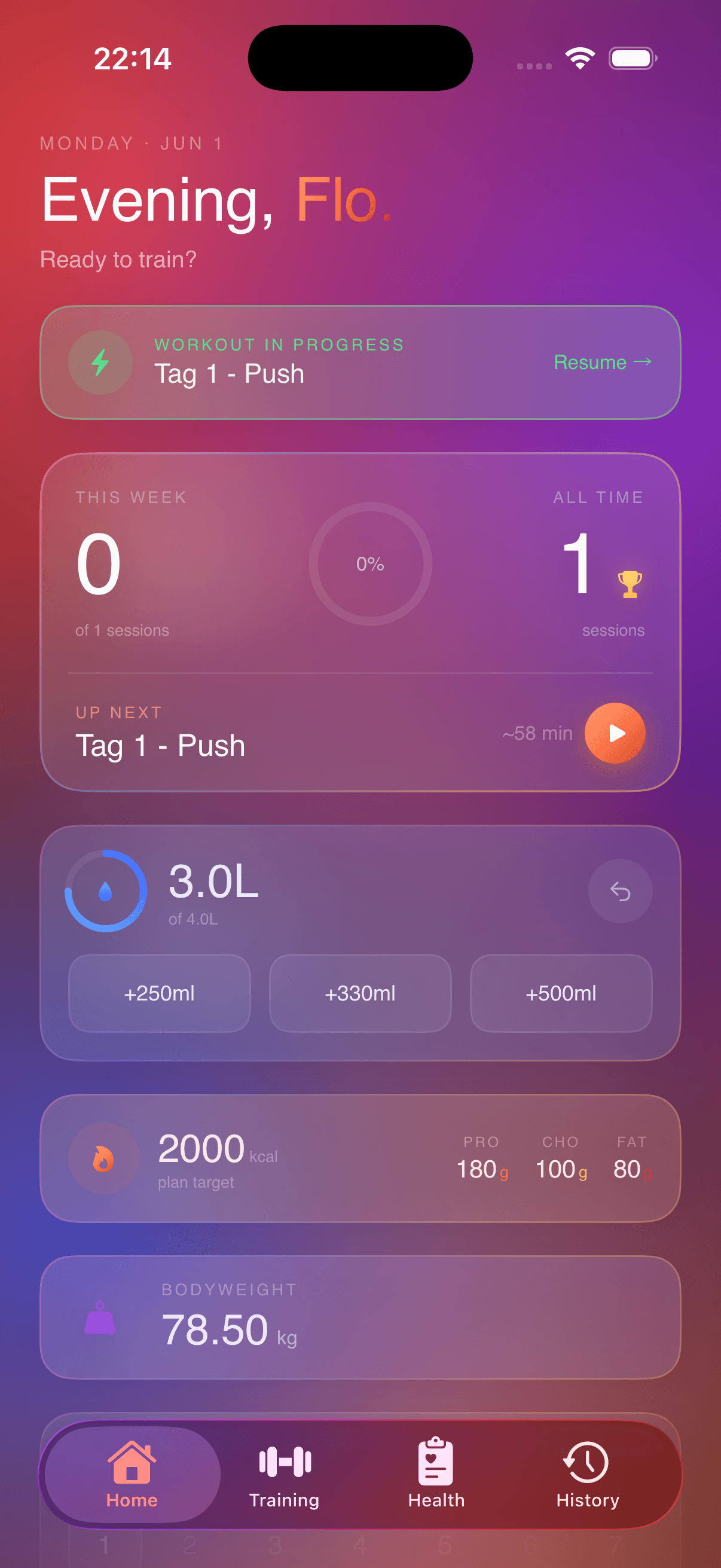 WorkoutTracker — Home mit laufendem Workout